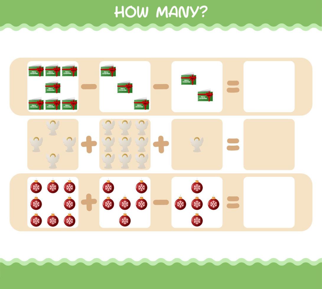 wie viele cartoon weihnachten. Zählspiel. Lernspiel für Kinder und Kleinkinder im Vorschulalter vektor