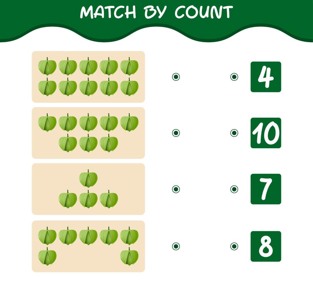 Übereinstimmung durch Zählung von Cartoon Tomatillo. Match-and-Count-Spiel. Lernspiel für Kinder und Kleinkinder im Vorschulalter vektor