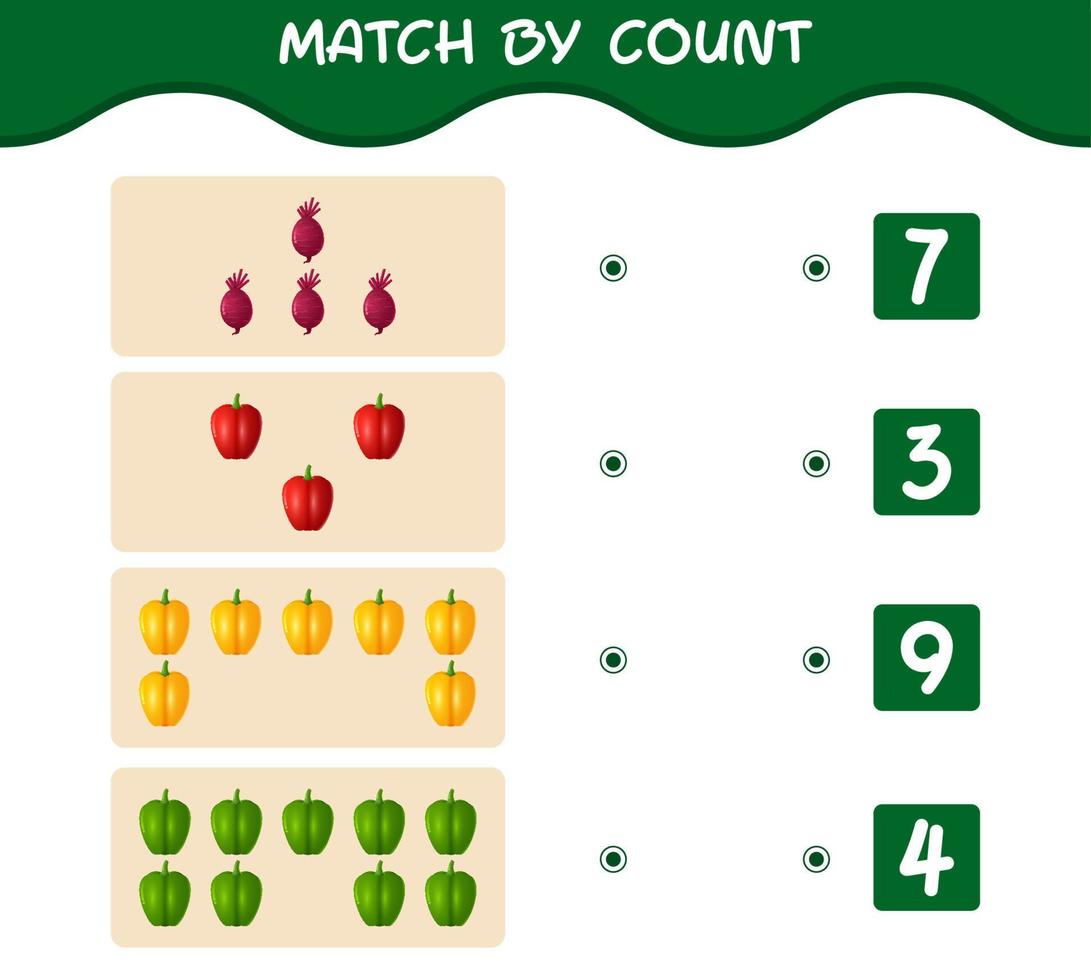 Übereinstimmung durch Anzahl von Cartoon-Gemüse. Match-and-Count-Spiel. Lernspiel für Kinder und Kleinkinder im Vorschulalter vektor