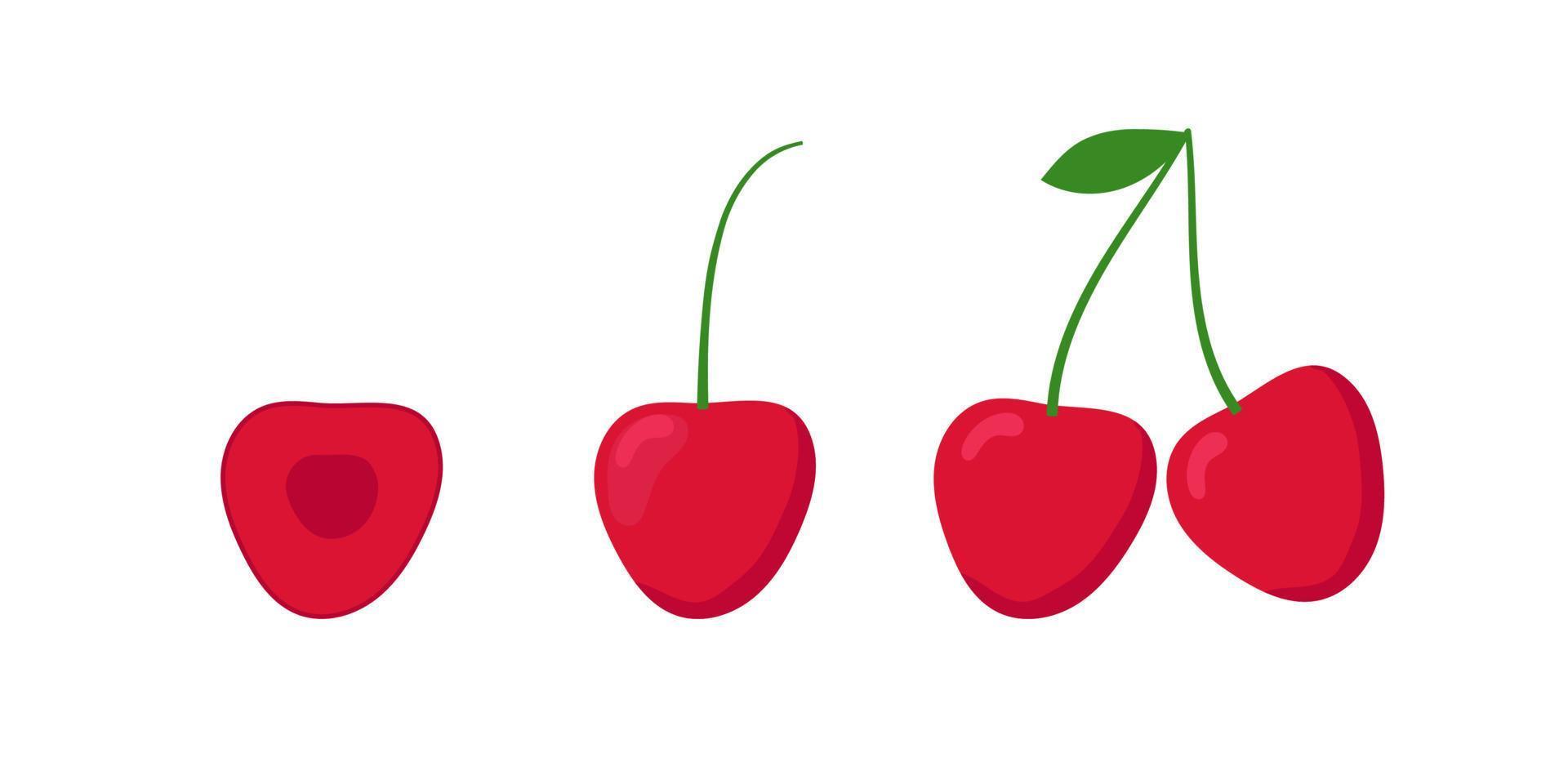 uppsättning röda körsbär med gröna blad. platt design. isolerade vektor illustration