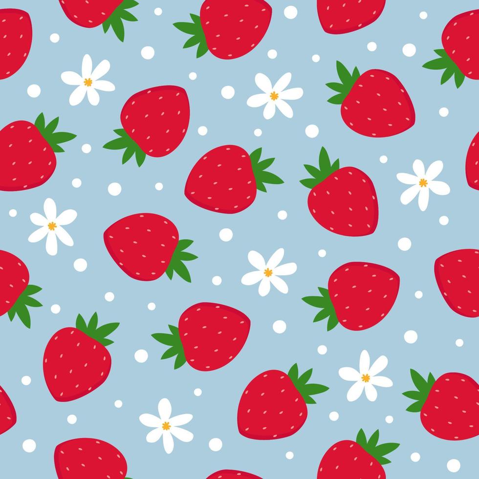 nahtlose Muster von Erdbeeren und Blumen. bunte Früchte auf blauem Hintergrund. vektor