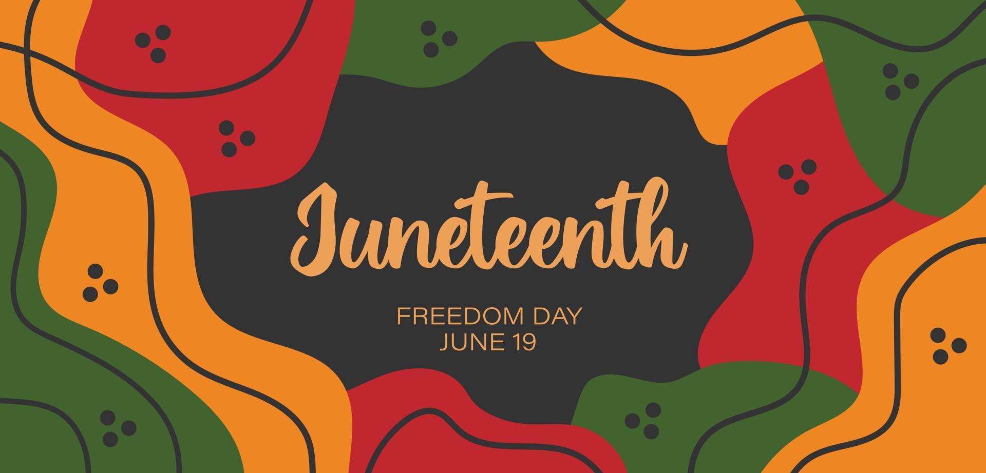 juneteenth abstrakt horisontell banner design med slumpmässiga ljusa röda gulgröna organiska former, linjer kant. vektor mall för juneteenth frihetsdagen med textlogotyp. firande i usa.