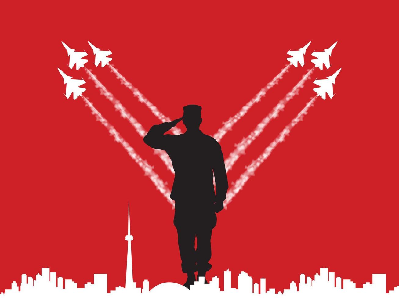 Ein kanadischer Soldat salutiert und Kampfjets fliegen mit Ehre. plakatdesign für kanada, stolze kanadische soldaten, wahrzeichen von kanada. vektor