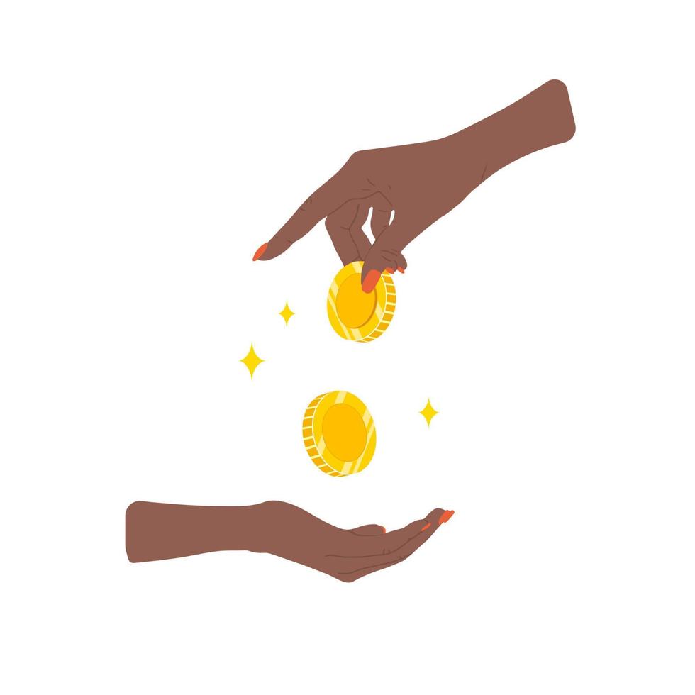 överföra pengar. afrikansk kvinnlig hand ger gyllene mynt. donation, välgörenhet eller lönedagskoncept. finansiella symbol. bank- eller företagstjänster. vektor illustration i platt tecknad stil