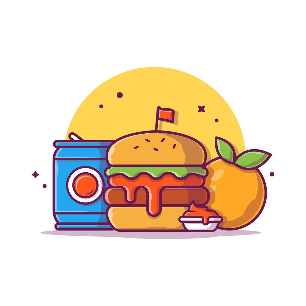 burger mit soda, ketchup und orangenfrucht-cartoon-vektor-symbol-illustration. Lebensmittel-Objekt-Icon-Konzept isolierter Premium-Vektor. flacher Cartoon-Stil vektor