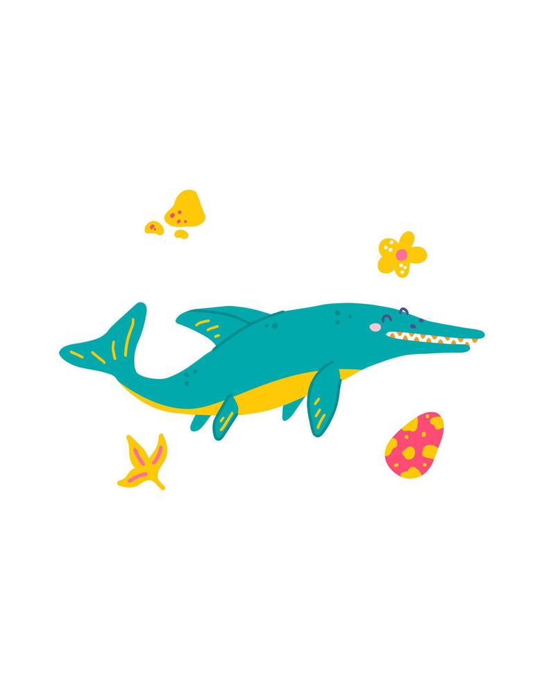 söt dinosaurie baby print. ichthyosaurus i platt handritad stil. design för design av vykort, affischer, inbjudningar och textilier vektor