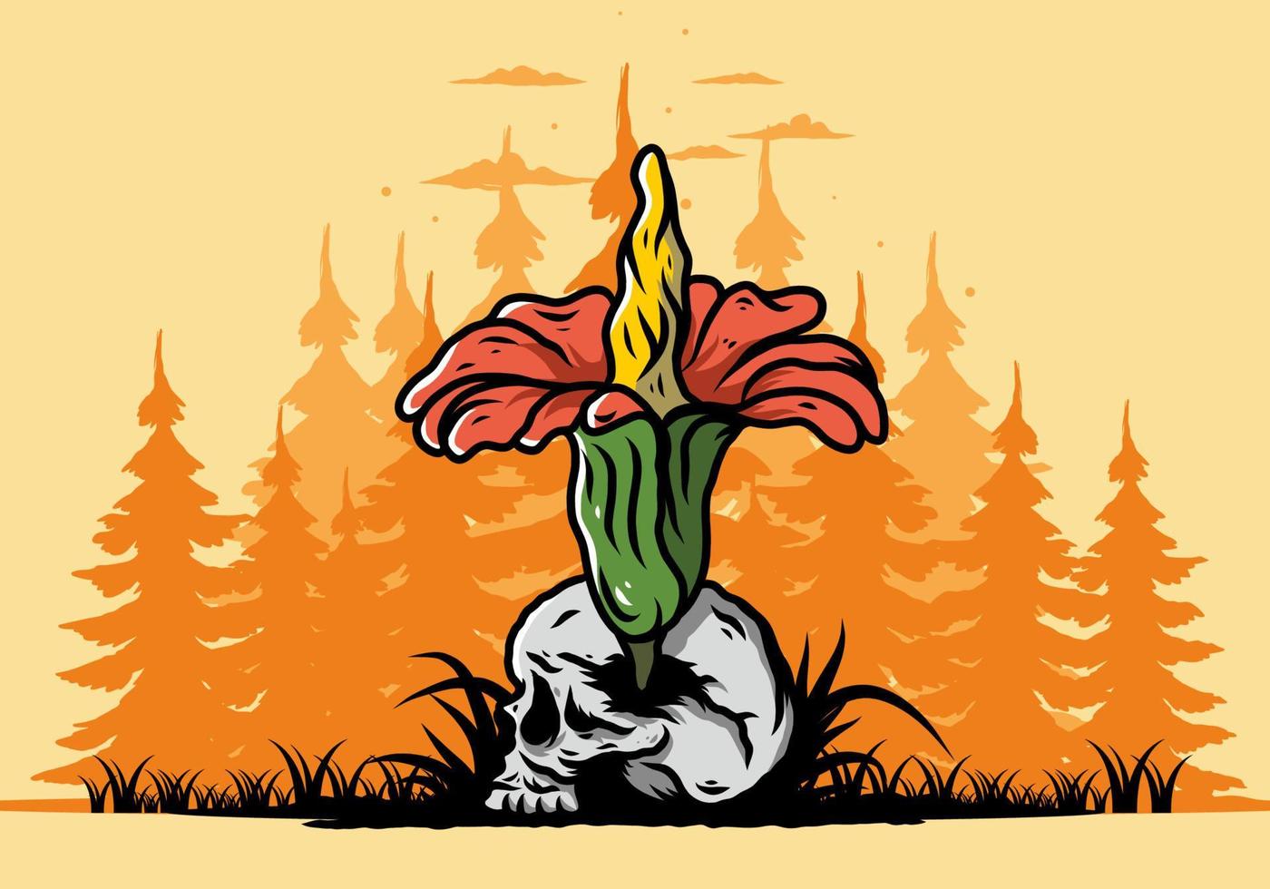 Leichenblume, die auf der Schädelillustration wächst vektor