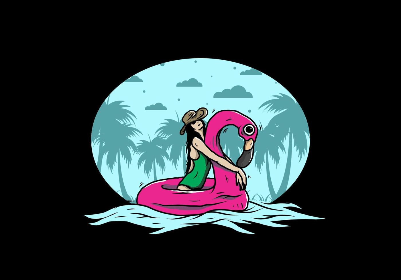 tragender strandhut des mädchens in einer aufblasbaren rettungsringflamingoillustration vektor