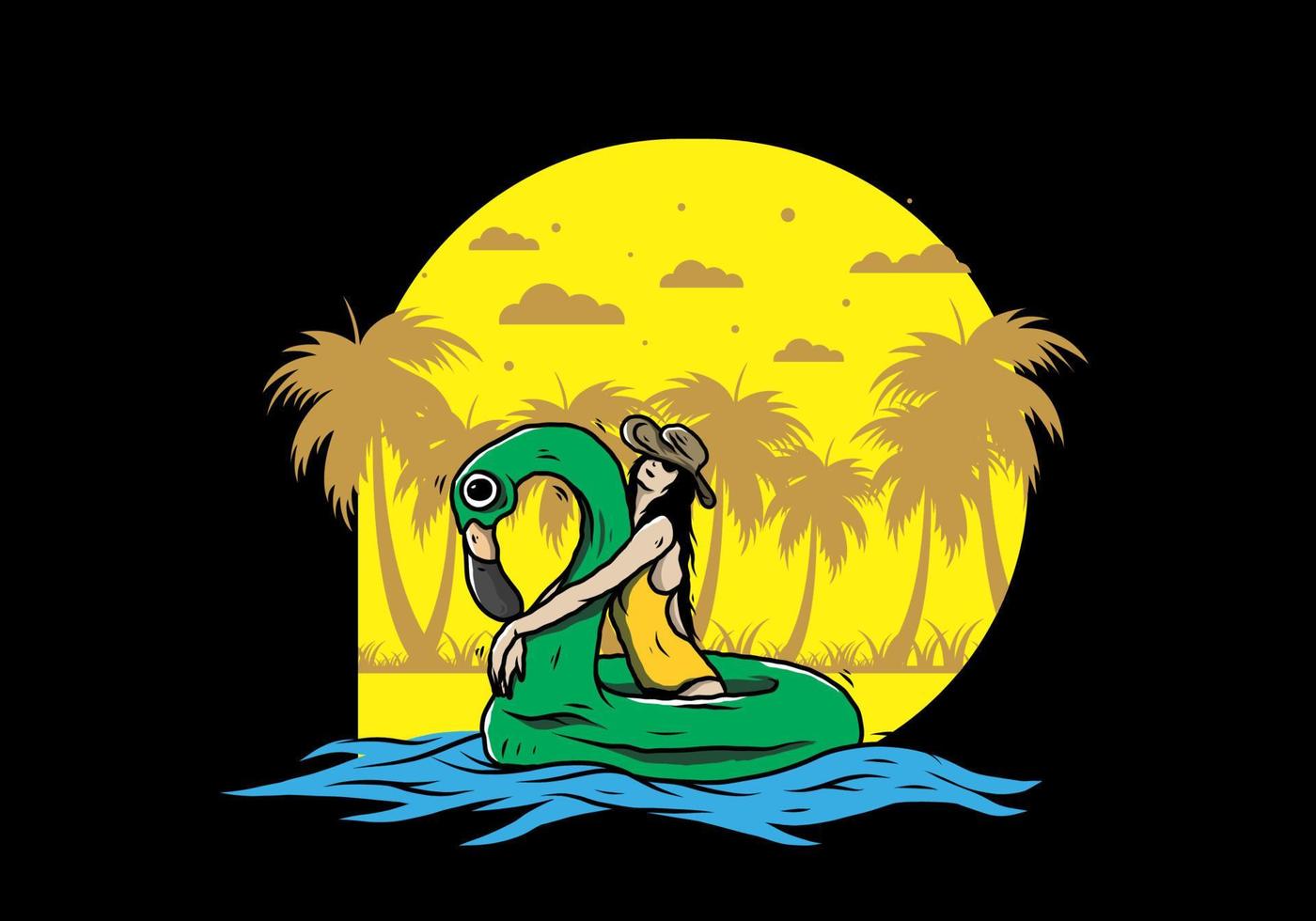 tragender strandhut des mädchens in einer aufblasbaren rettungsringflamingoillustration vektor