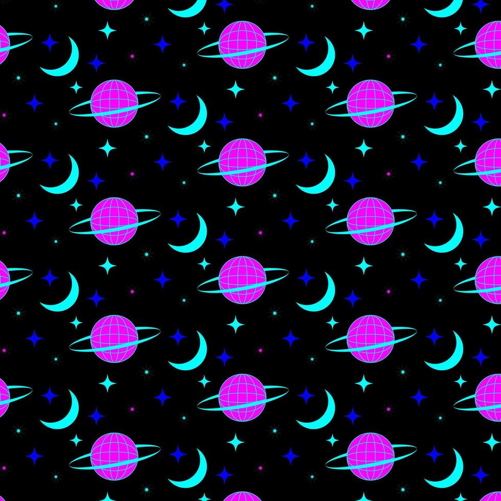 surt kosmos psykedeliska groovy mönster på svart bakgrund. retrotryck för grafisk t-shirt i y2k-stil. vektor