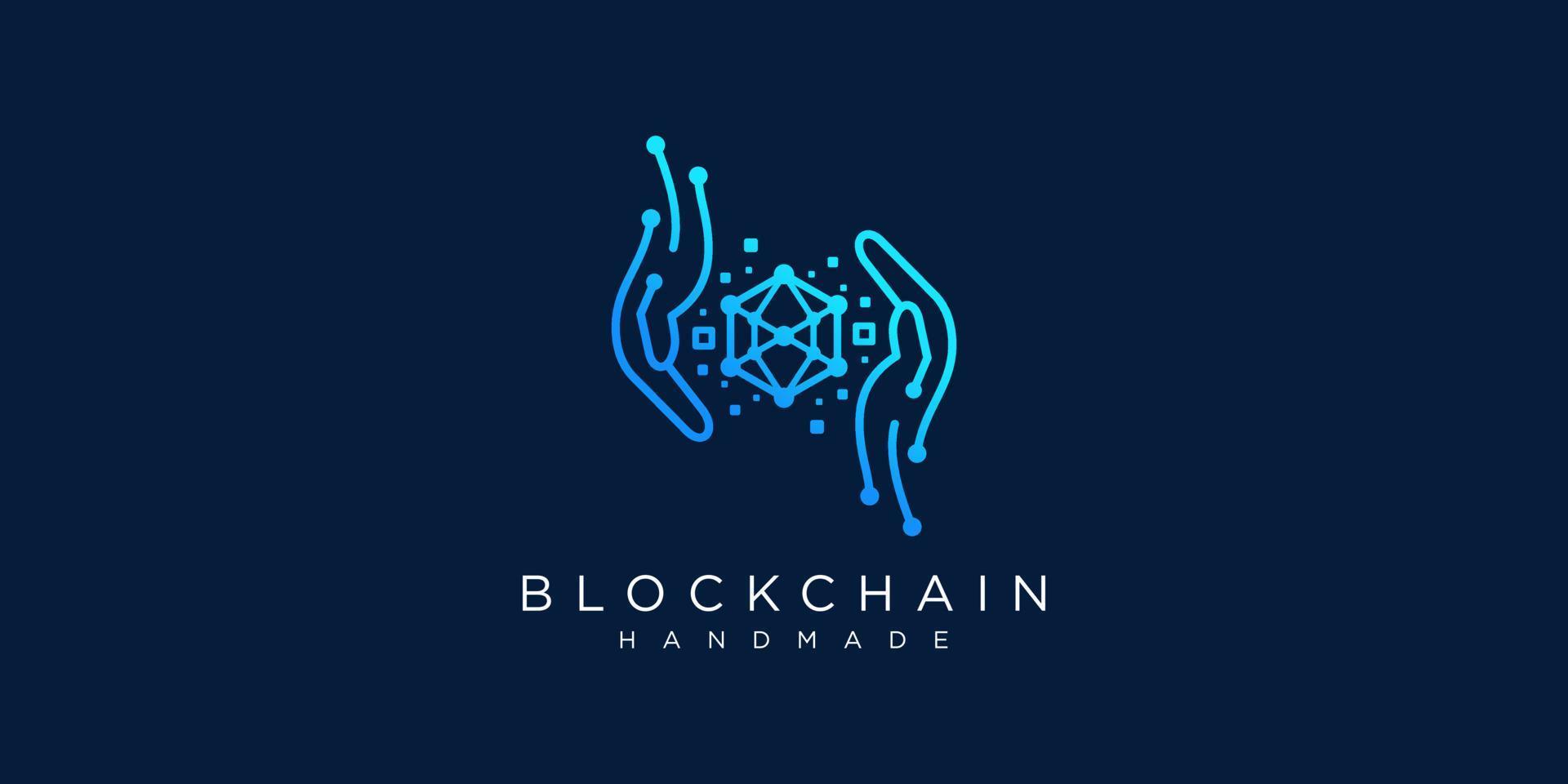 Handtechnologie digitales Blockchain-Sechseck verbinden Krypto-Währungs-Verbindungsvektor-Logo-Design vektor