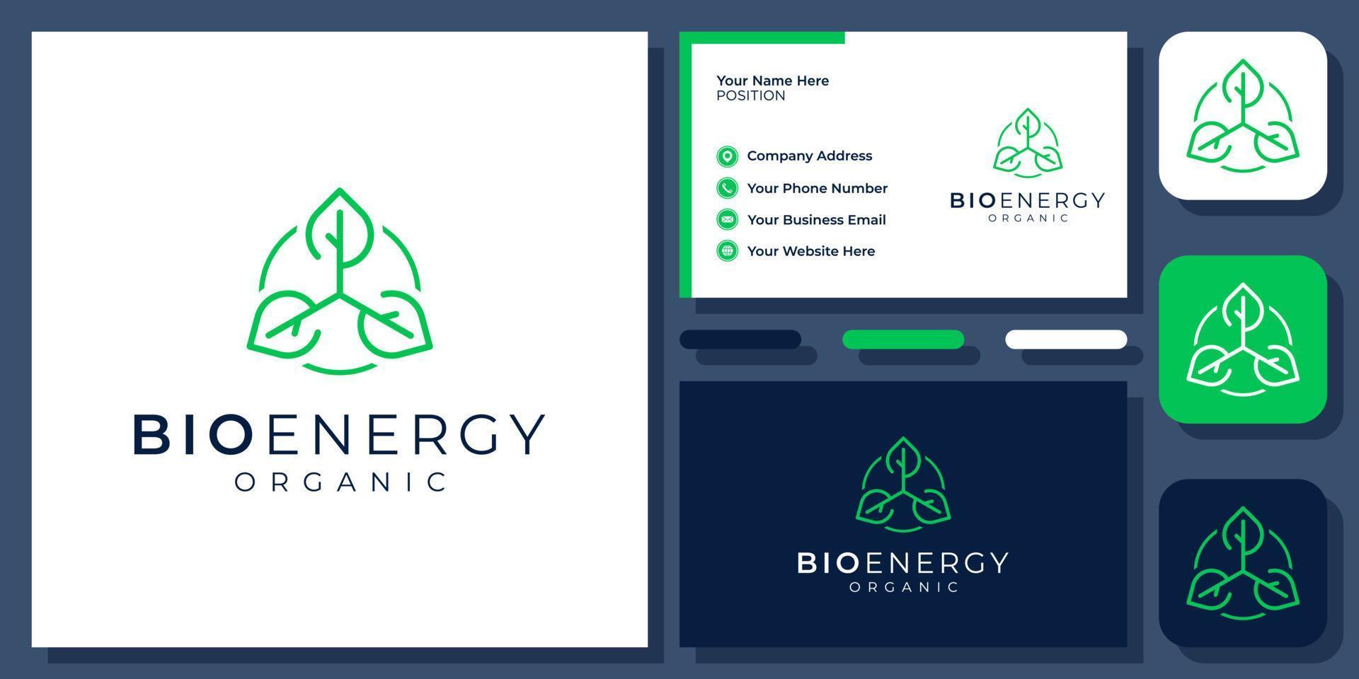 bio energi eko ekologi växt blad natur ekologisk grönt träd vektor logotypdesign med visitkort