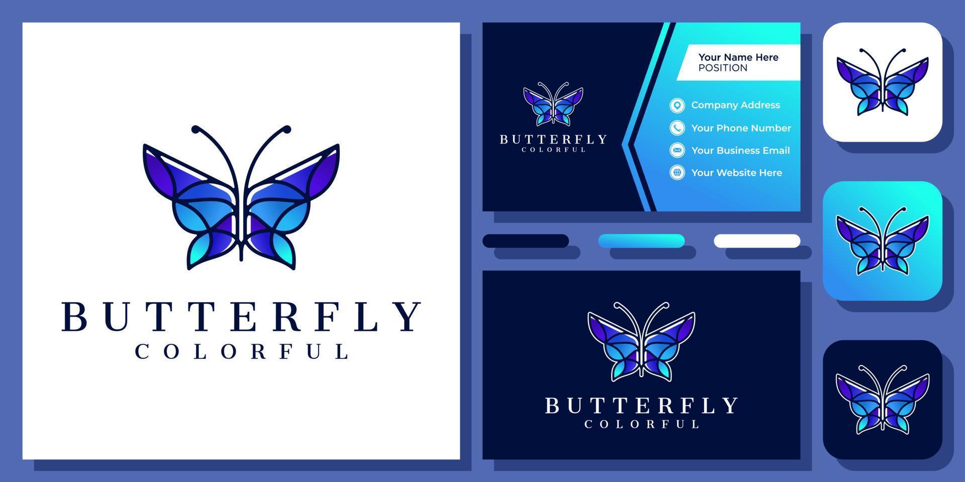 fjäril färgglada vingen vackra djur insekt fluga natur elegant vektor logotyp design med visitkort
