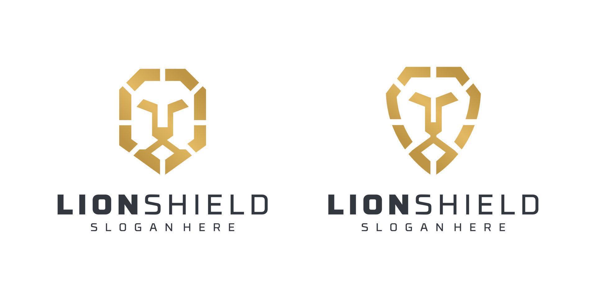 lejonhuvud sköld guld lyx djur säkerhet leo kung vilda djur stark man ikon vektor logotyp design