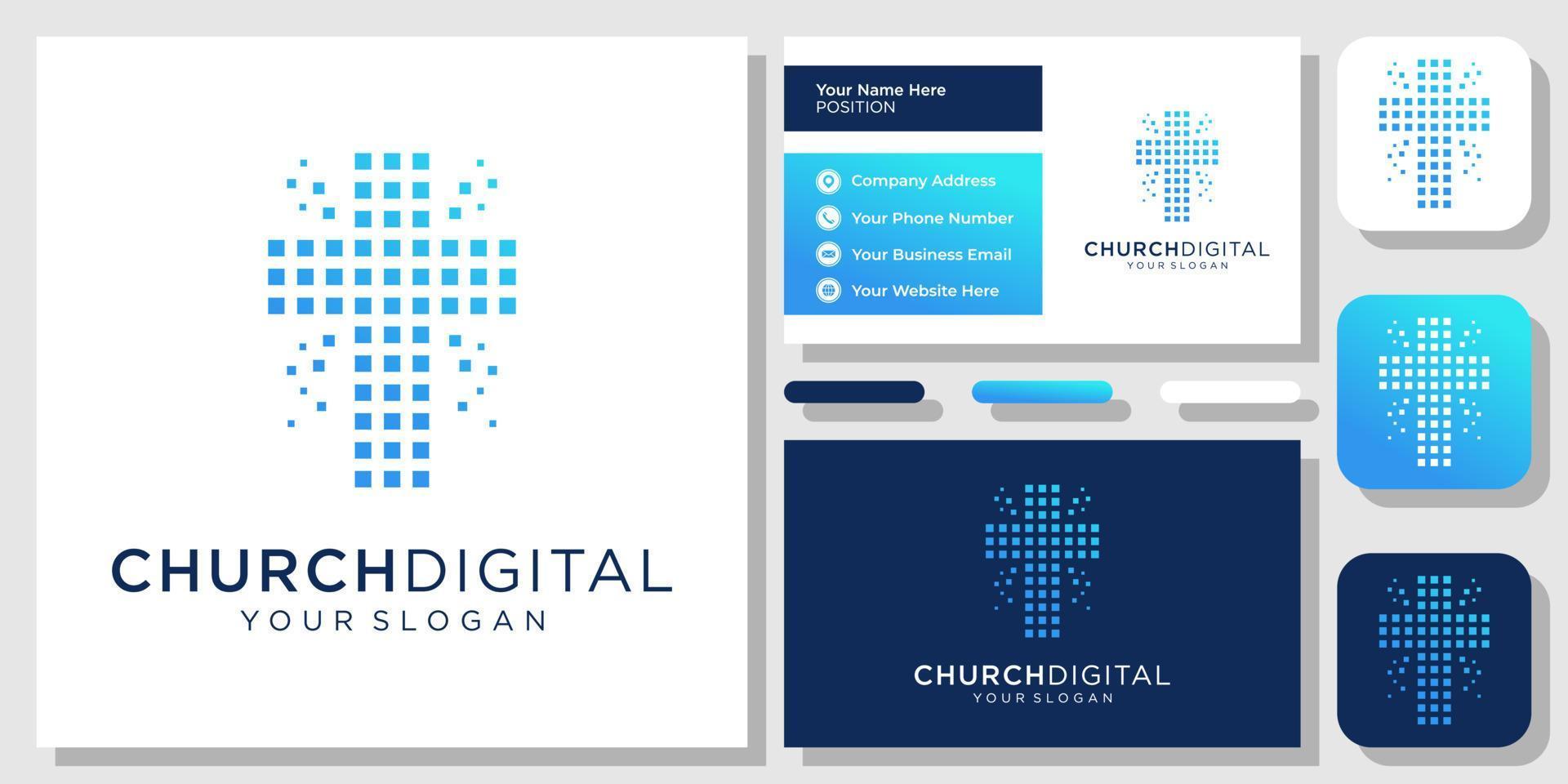 Kirche digitaler Technologie Glaube Cross Network abstraktes modernes Logo-Design mit Visitenkartenvorlage vektor