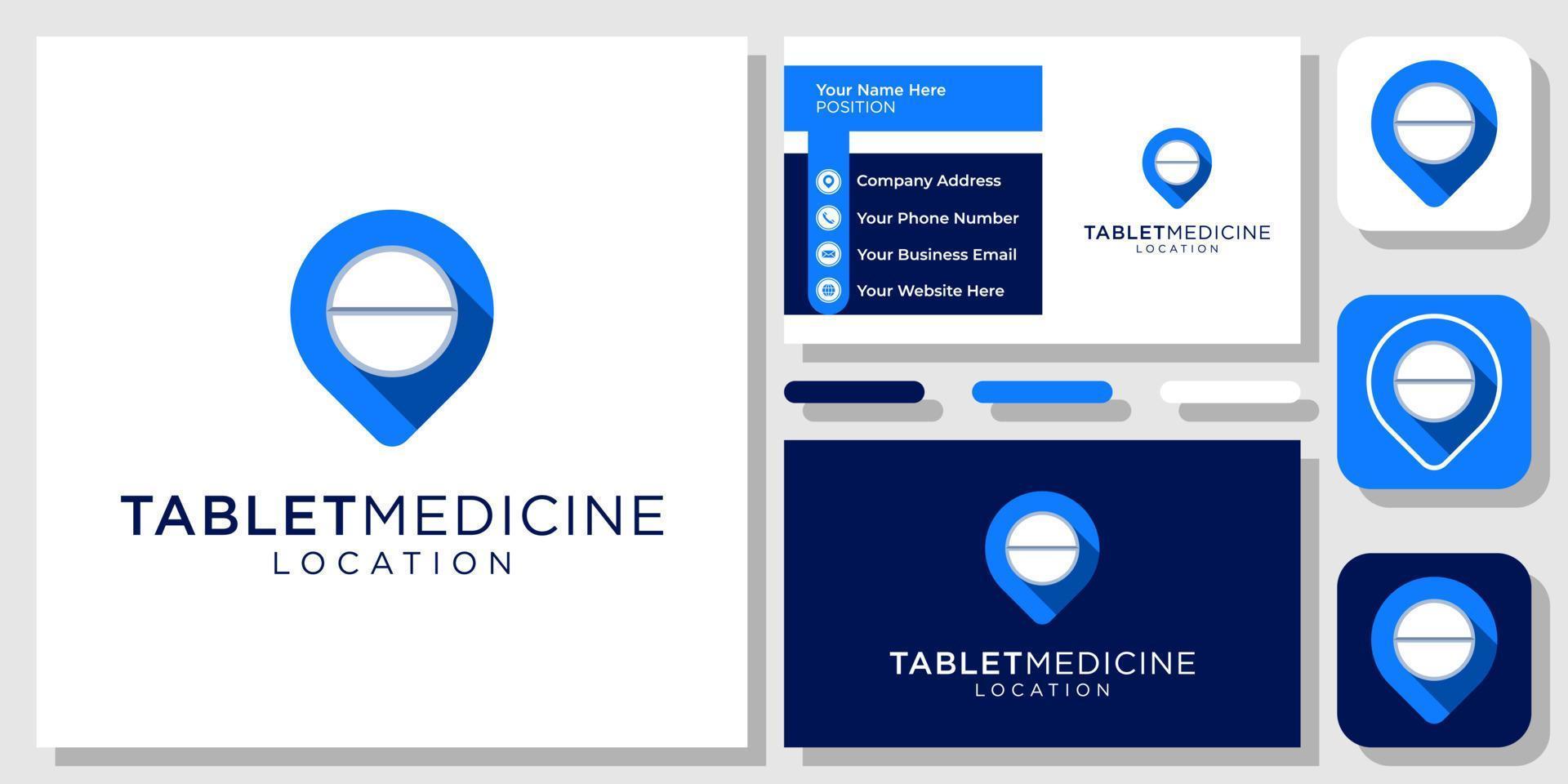 Tablet-Medizin-Pin-Karte Pille Kapsel Standort Apotheke Symbol Logo-Design mit Visitenkartenvorlage vektor