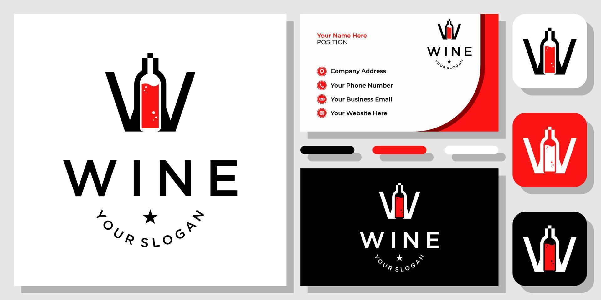 initial bokstav w dricka flaska vin glas alkohol vin druva logotyp design med visitkortsmall vektor