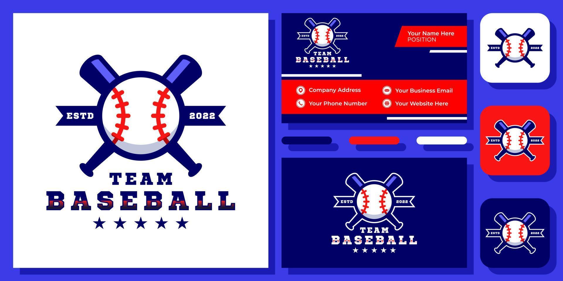 Baseball-Sport-Emblem-Ball-Team-Liga-Pitcher-Spiel-Vektor-Logo-Design mit Visitenkartenvorlage vektor