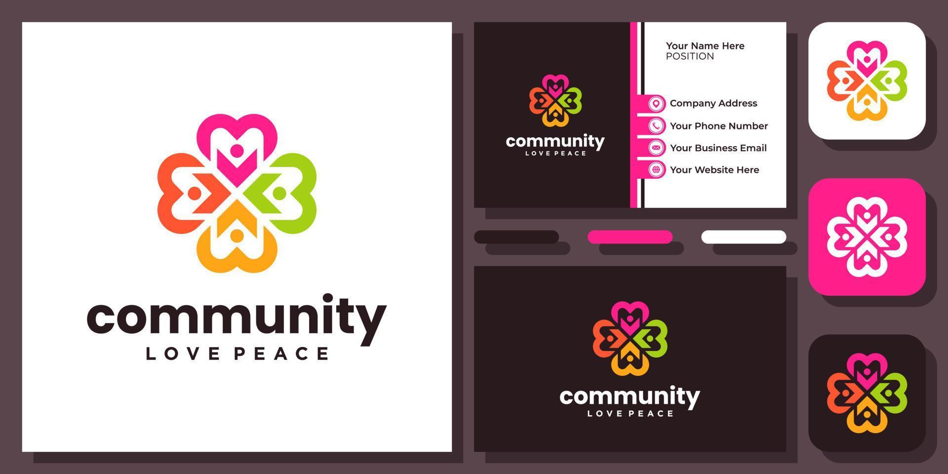 kärlek gemenskap hjärta union familj människor hälsovård tillsammans vektor logotypdesign med visitkort