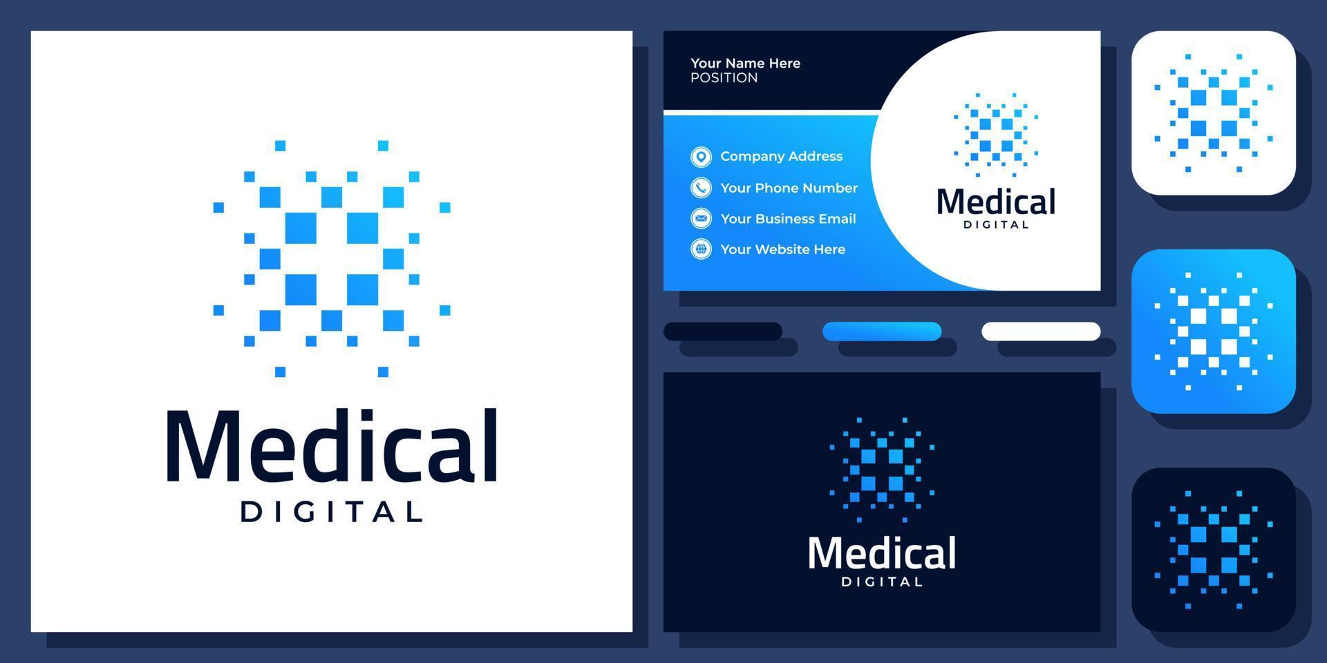 medicinsk teknik digital plustecken medicin anslutning länk vektor logotyp design med visitkort