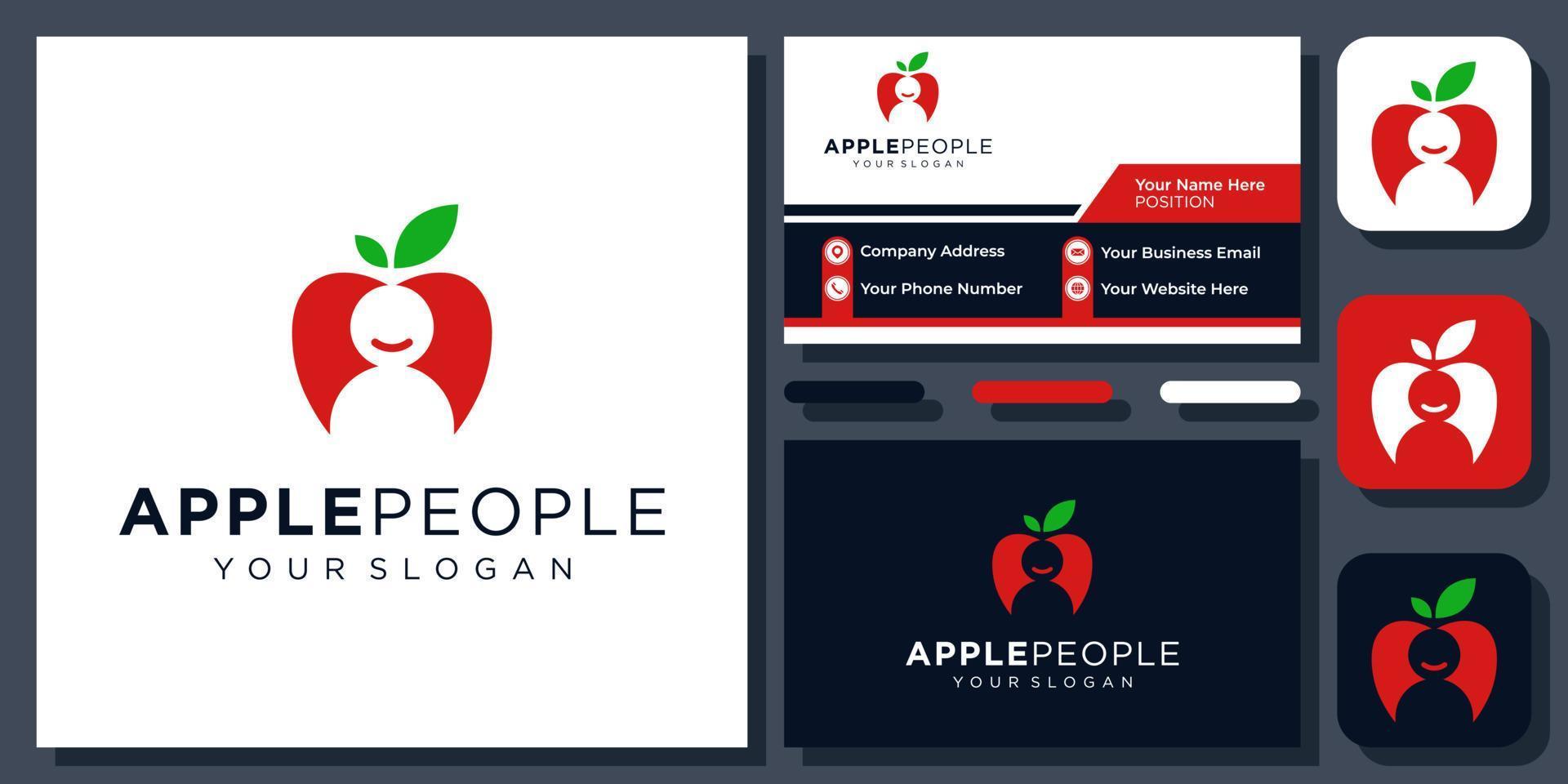 Apfel Menschen Obst gesunde Ernährung Vegetarier glücklich Natur Vektor-Logo-Design mit Visitenkarte vektor