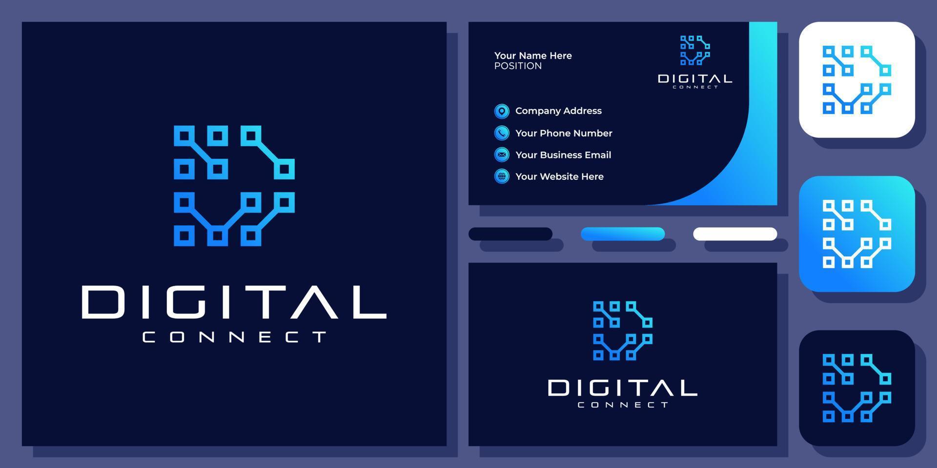 Anfangsbuchstabe d verbinden Technologie digitales einfaches Monogramm-Vektor-Logo-Design mit Visitenkarte vektor
