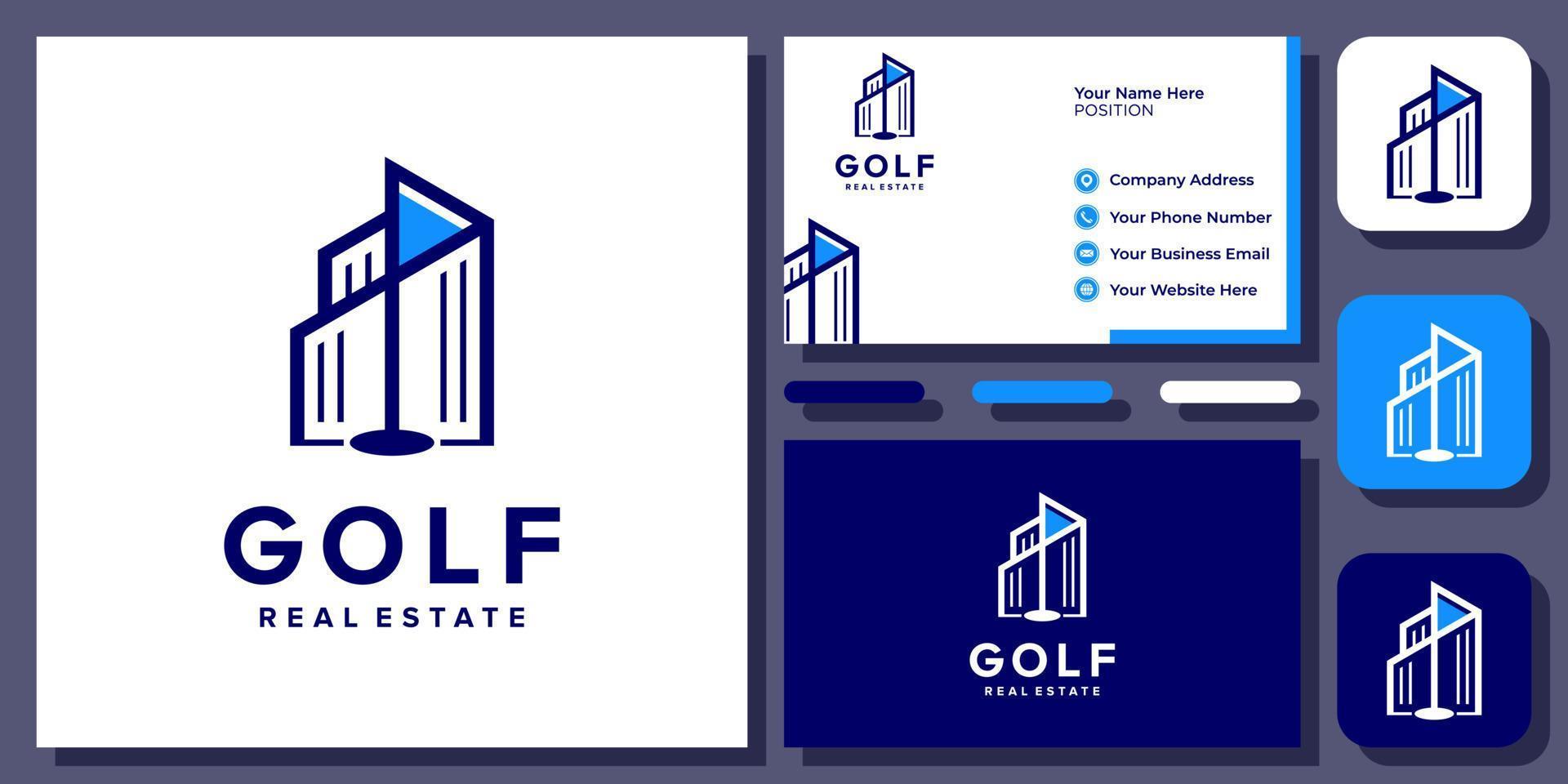 Flagge Golf Mehrfamilienhaus Sport Hobby Immobilien Vektor-Logo-Design mit Visitenkarte vektor
