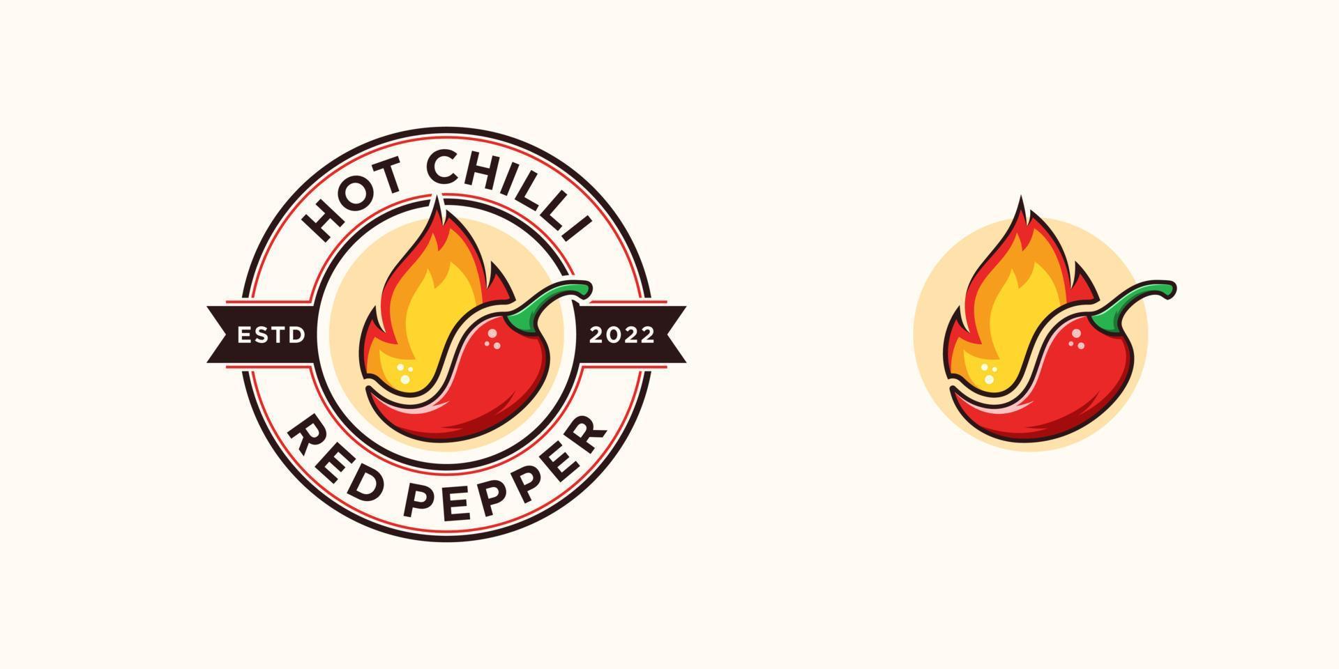 scharfes Chili-Emblem roter Pfeffer würziges Essen Gewürzsoße Cayennepfeffer-Paprika-Feuer-Flamme-Vektor-Logo-Design vektor