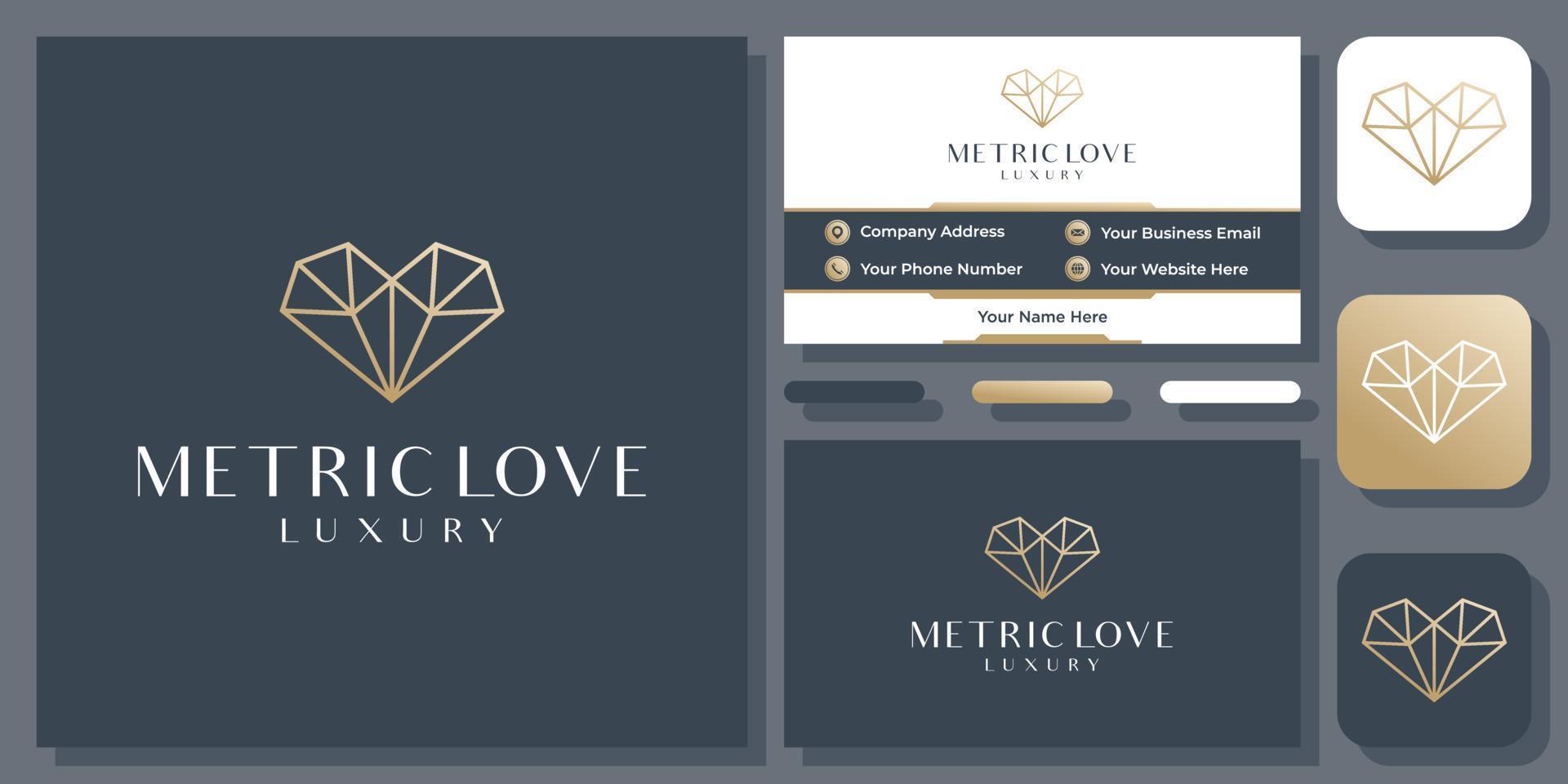 älskar diamant guld smycken gyllene lyx elegant geometrisk vektor logotyp design med visitkort