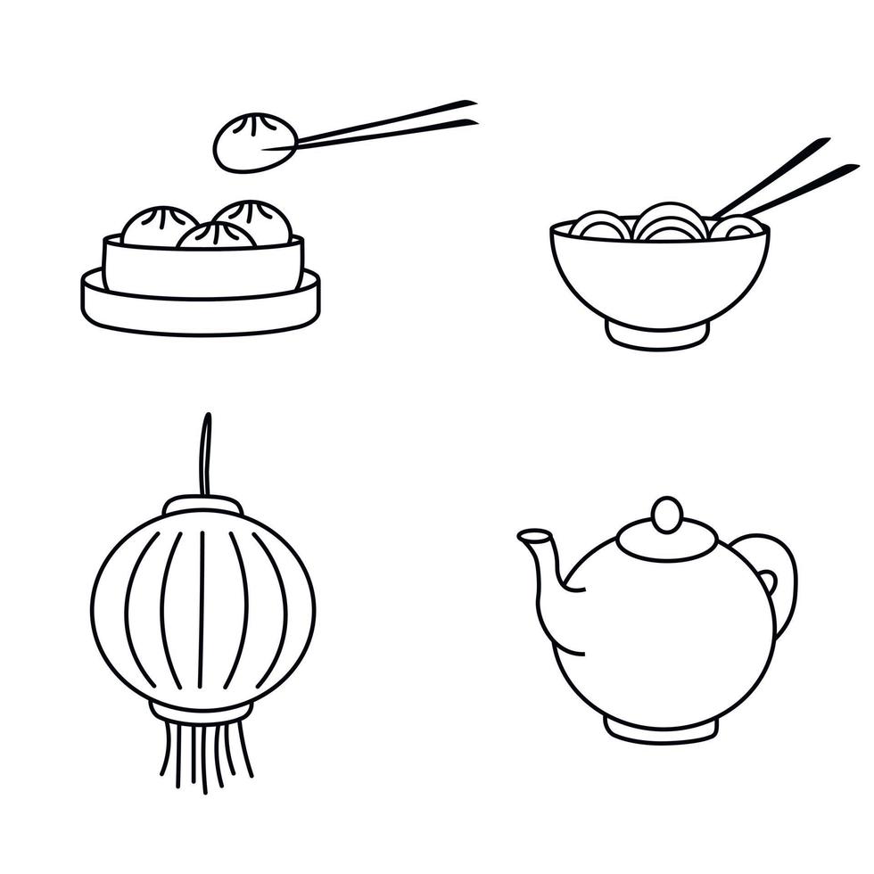 Laterne, Wasserkocher, Dim Sim, Romaine, chinesische Essstäbchen. Vektorvorratillustration. isoliert auf weißem Hintergrund. vektor
