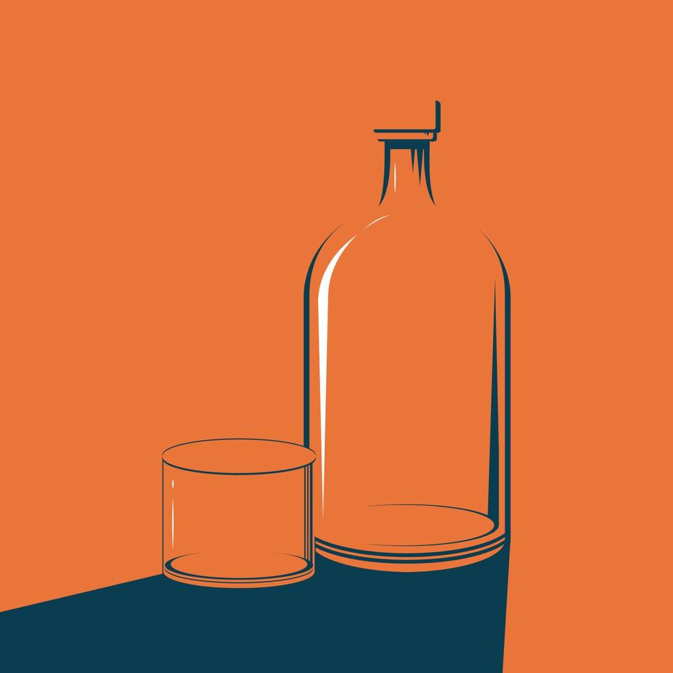 Schatten der Flasche mit Glas auf isoliertem Hintergrund, Vektorillustration. vektor