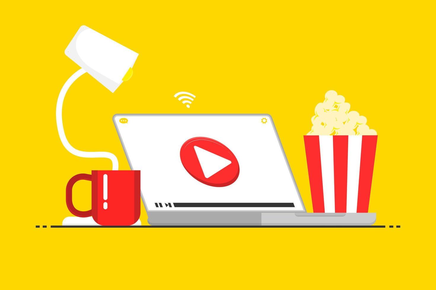 Laptop, der Video online abspielt, Vektordesign-Livestream auf Laptop mit rotem Becher, Popcorn und Lampe ist Elemente, Marketingillustration online. vektor