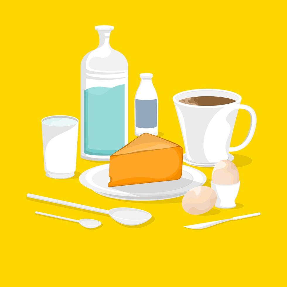 einfaches Lebensmittelset, Vektorillustrationsset Frühstück mit Ei, Kuchen, Kaffee und Wasser, digitales Marketing online. vektor