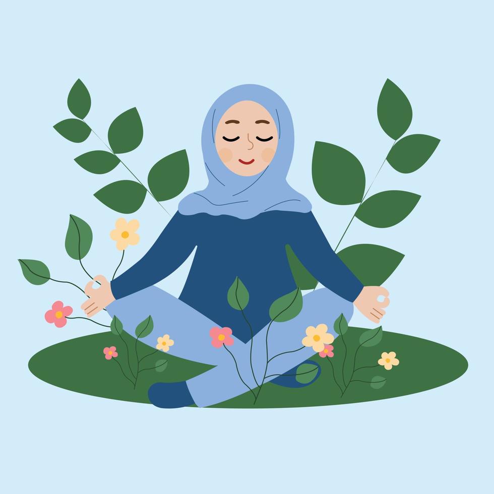 Hijabi-Frau meditiert Asana-Position. muslimische mädchen meditationsillustration. muslimische Klischees brechen. Brechen Sie das Bias-Konzept. vektor