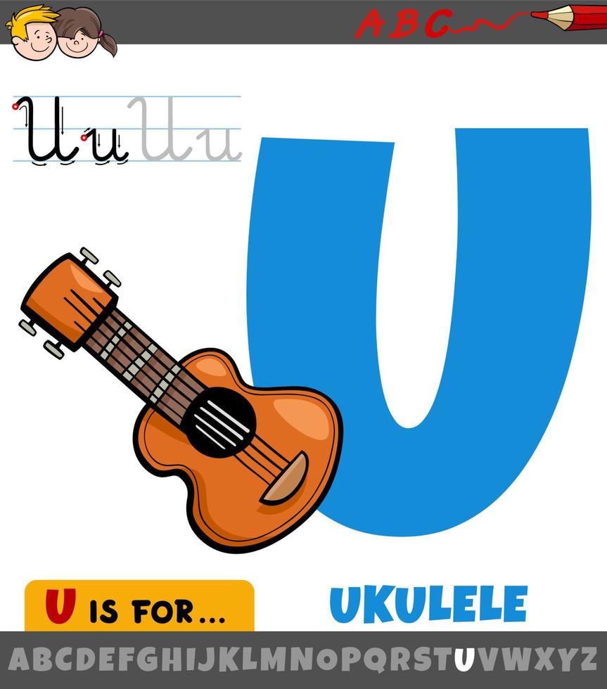 bokstaven u från alfabetet med tecknade ukulele musikinstrument vektor