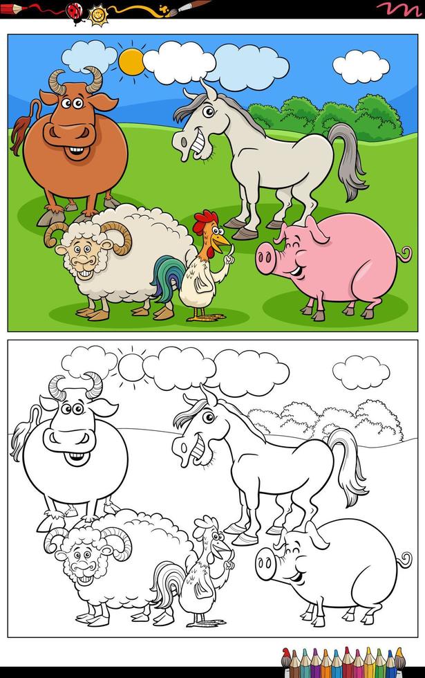 rolig tecknad boskap bondgårdsdjur grupp målarbok sida vektor
