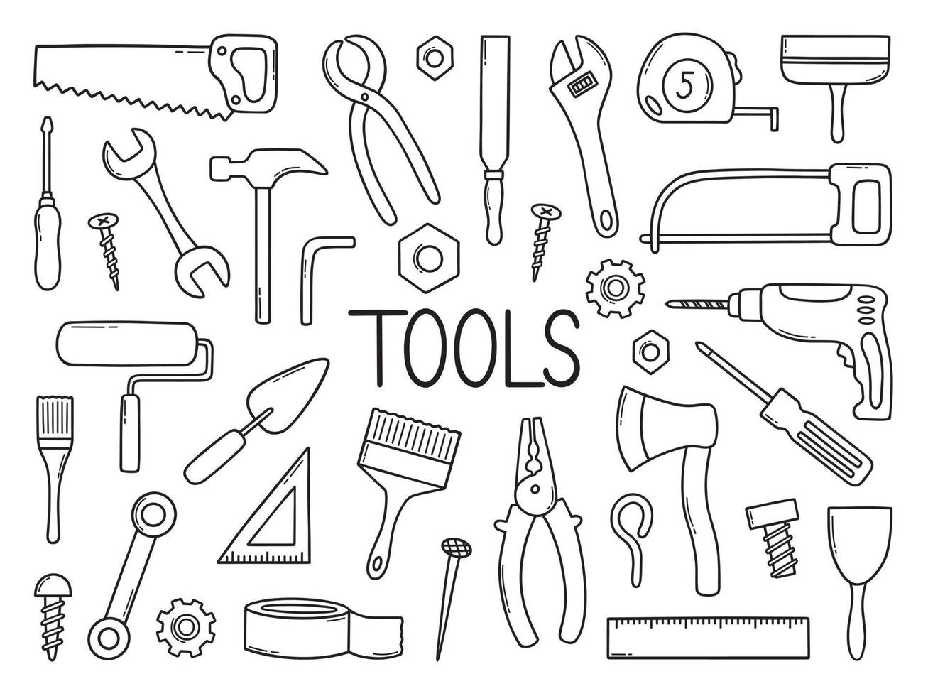 handritad uppsättning byggverktyg doodle olika arbets- och byggverktyg i skissstil. såg, hammare, skiftnyckel, skruv, borr. vektor illustration isolerad på vit bakgrund.