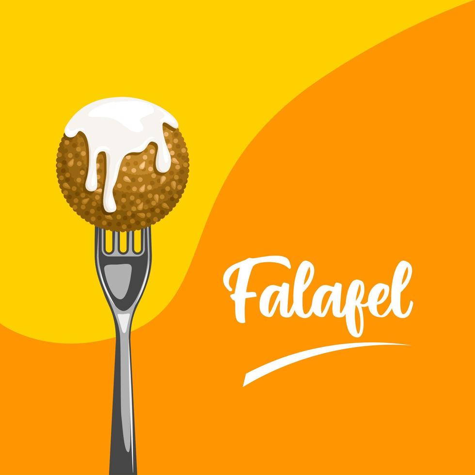 vektorillustration av falafel på en gaffel med yoghurtsås, som en banderoll, affisch eller mall, internationella falafeldagen. vektor