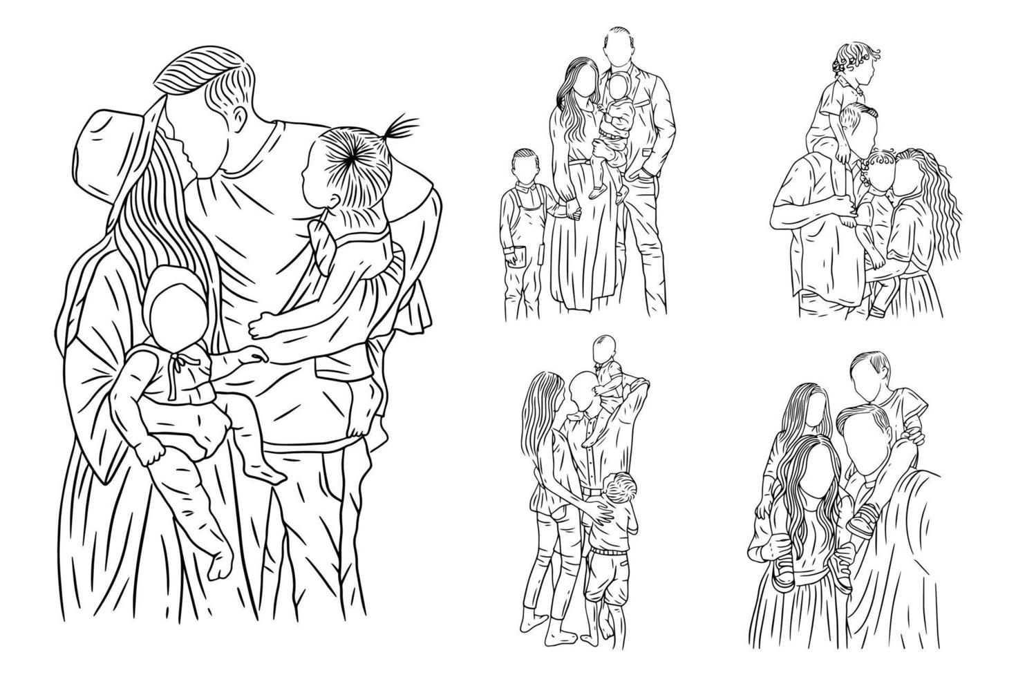 set bündel linie kunstzeichnung einfache glückliche familie mit kindern und kindern handgezeichnet vektor