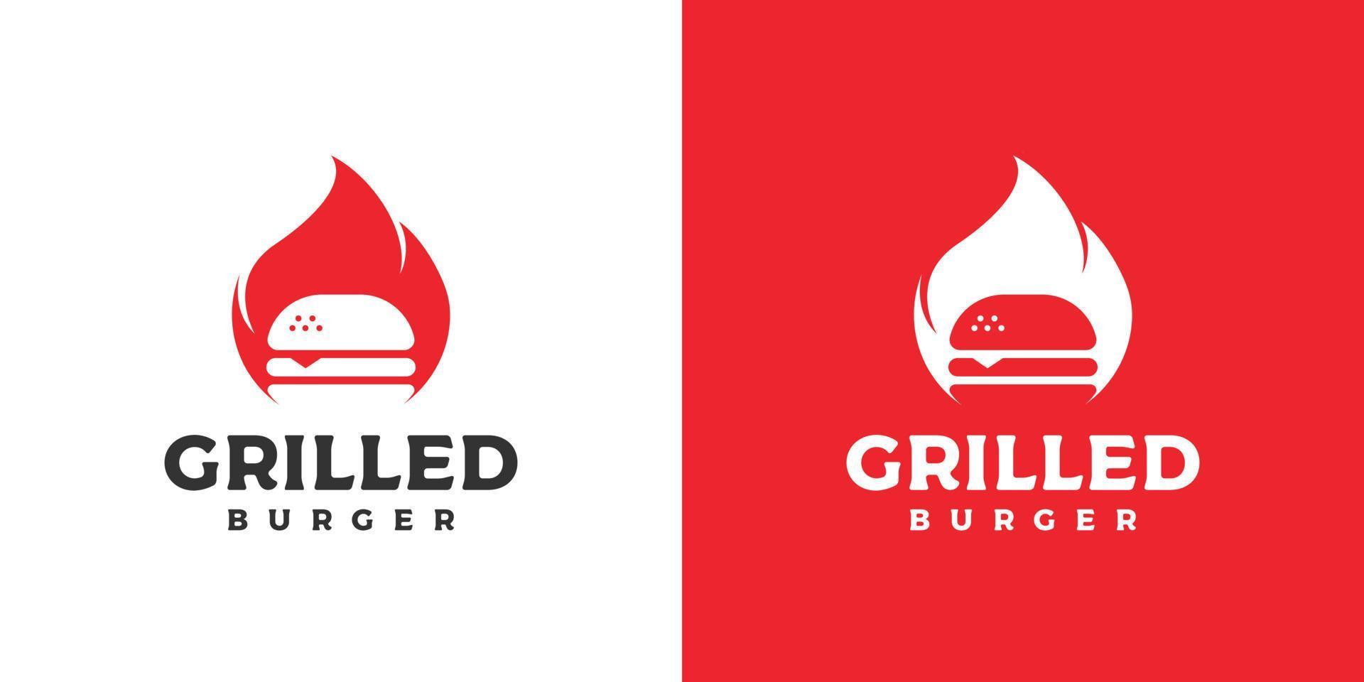 hamburgare med eld, grillad hamburgare logotyp design vektor