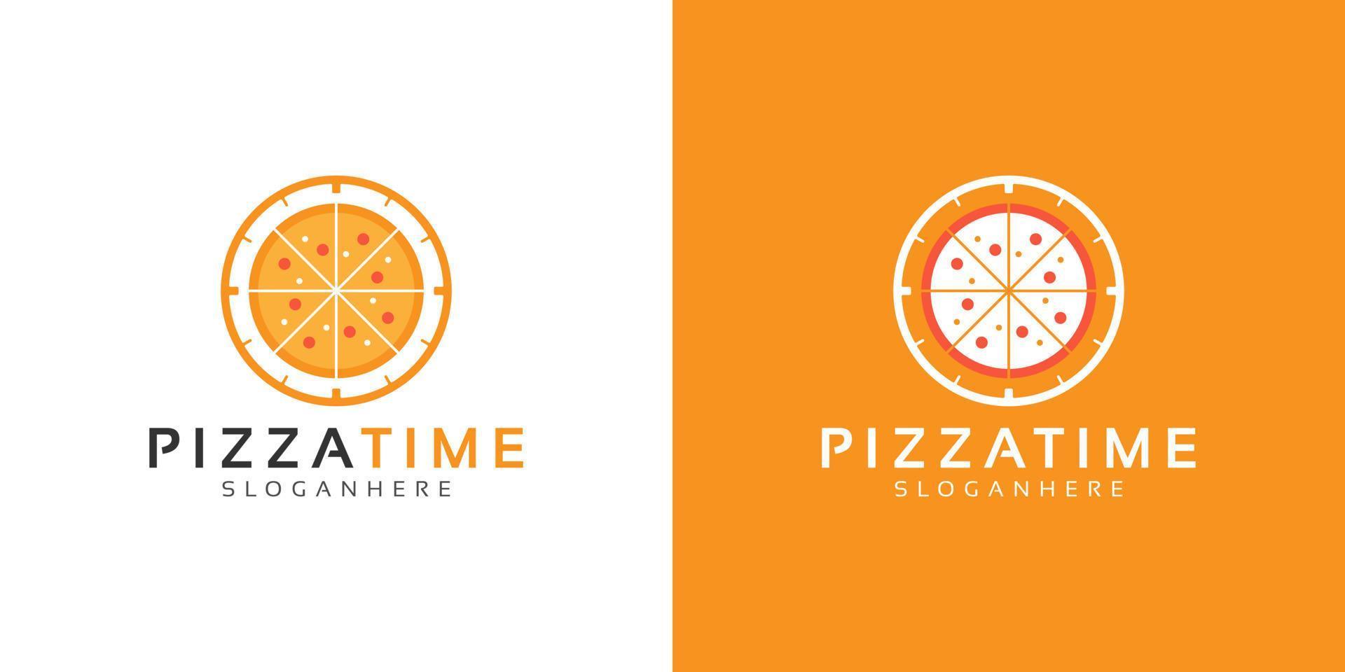 pizza och klocka, pizza tid logotyp design vektor