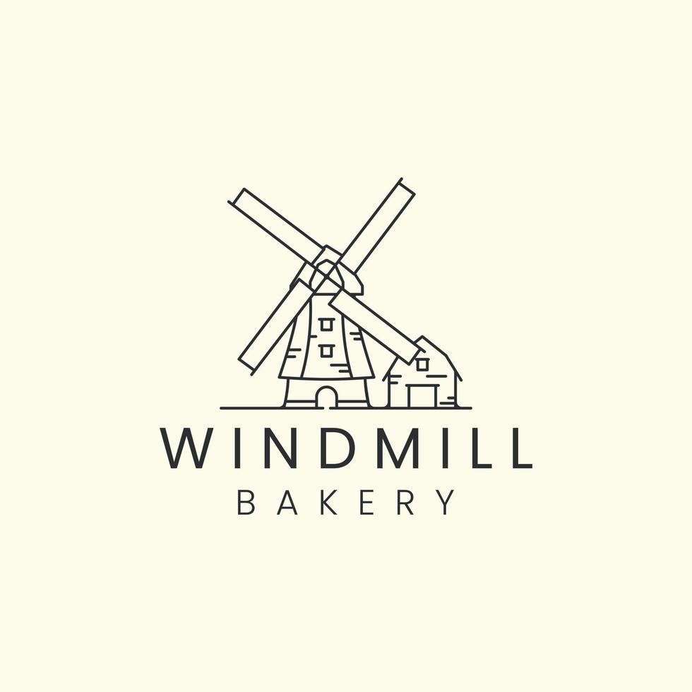 windmühle und scheunenbauernhof mit linearem stillogoikonenschablonendesign. bäckerei, elektrisch, weizen, reisvektorillustration vektor