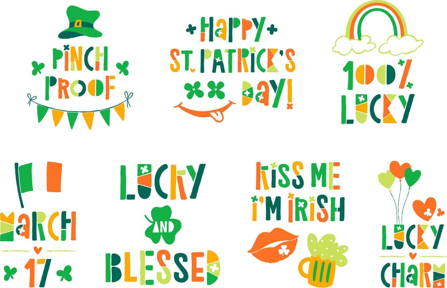 Vektor st. patrick's day clipart mit traditionellen irischen farben und festlichen elementen für aufkleber, poster, grußkarten, t-shirts, dekoration.