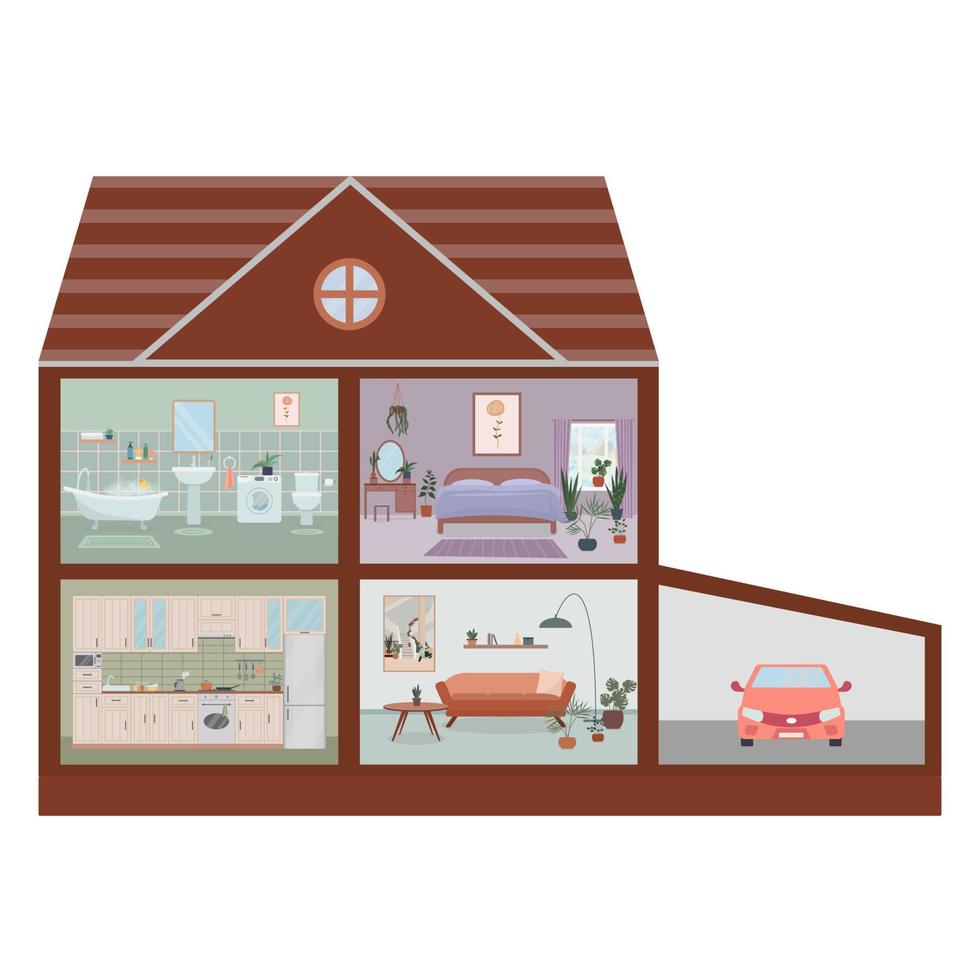 Haus geschnitten. detaillierte Wohneinrichtung mit Möbeln. Küche, Wohnzimmer, Schlafzimmer. vektor