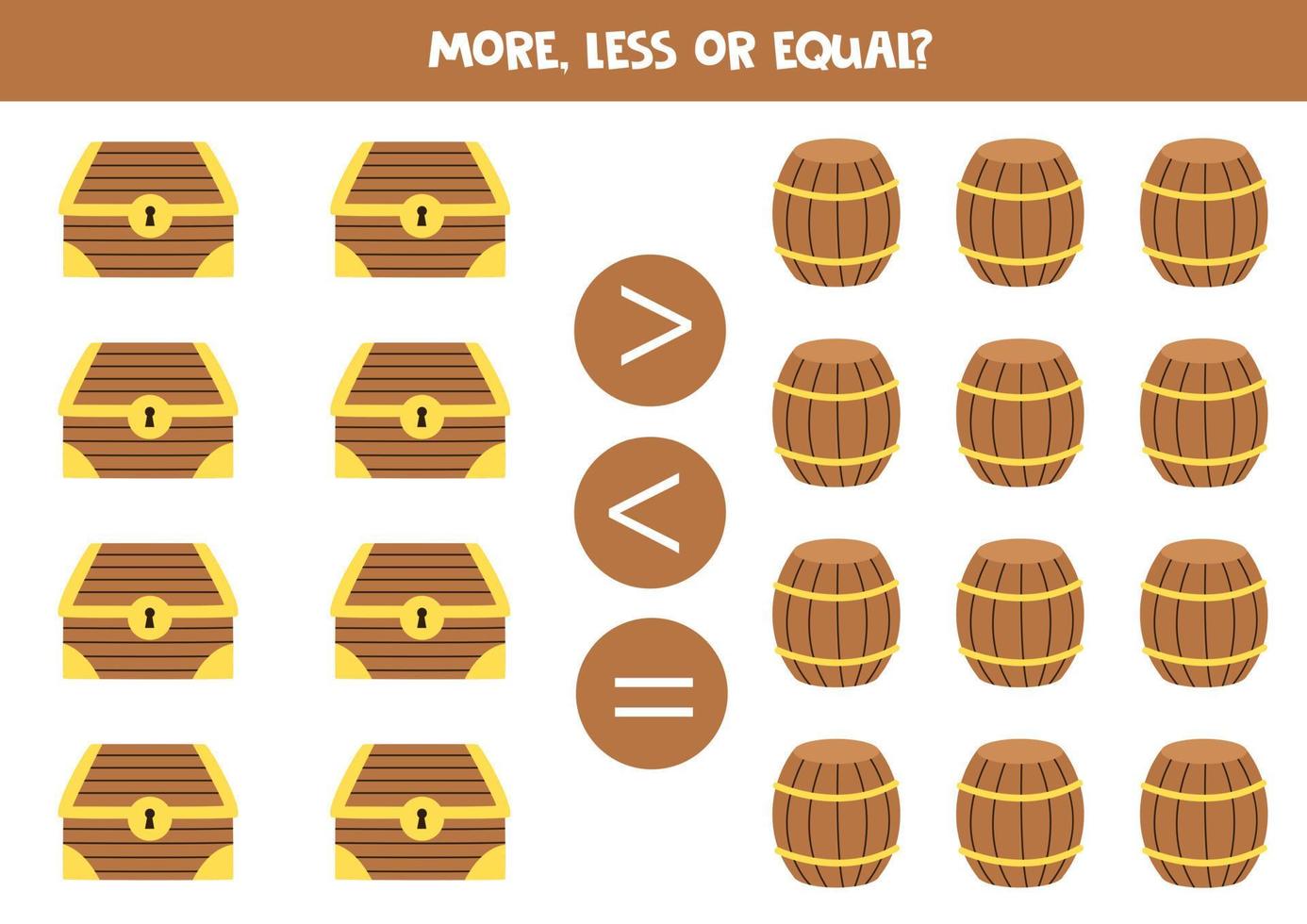 mehr, weniger, gleich mit Schatztruhen und Fässern. vektor