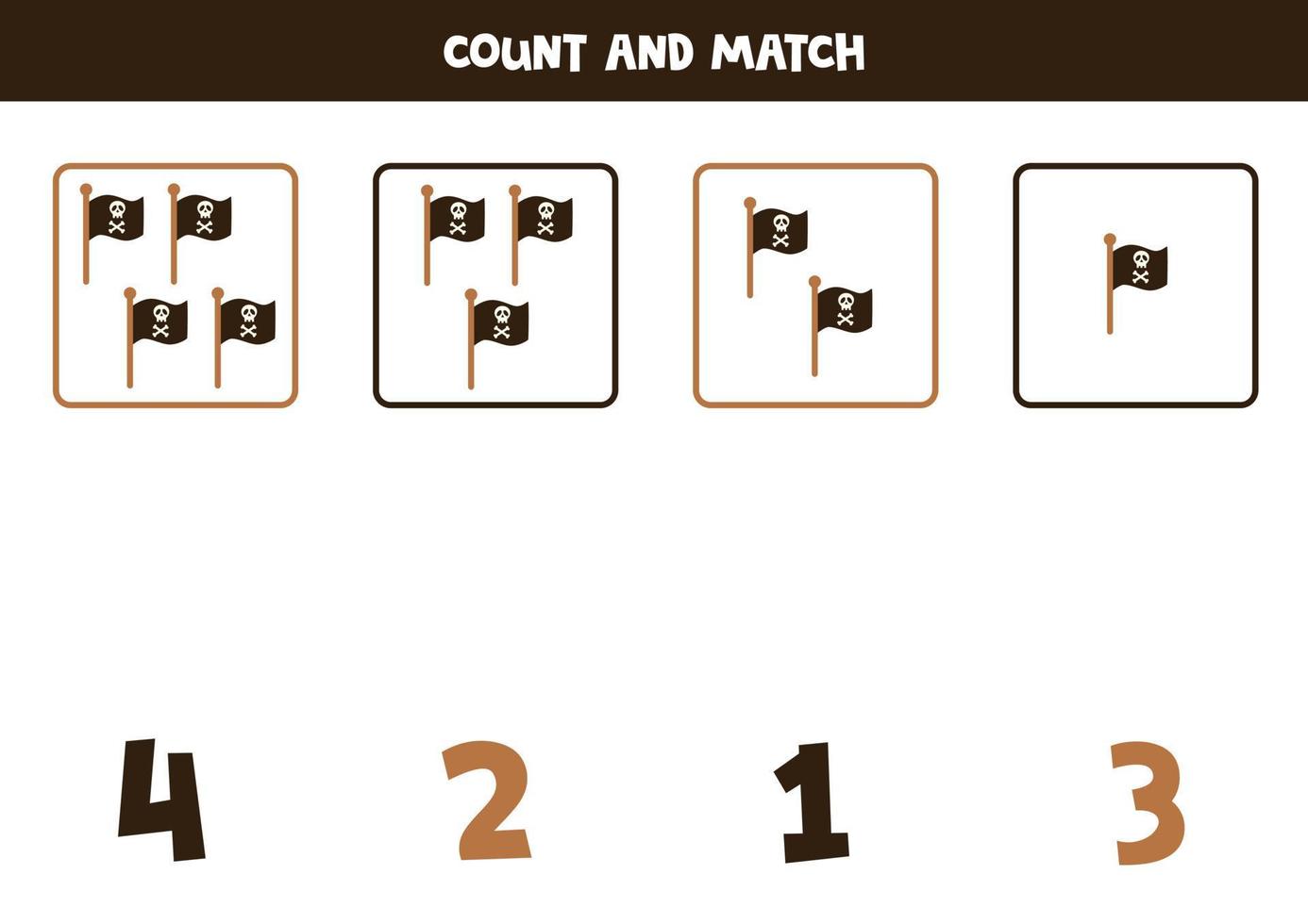 räknespel för barn. räkna alla piratflaggor och matcha med siffror. arbetsblad för barn. vektor