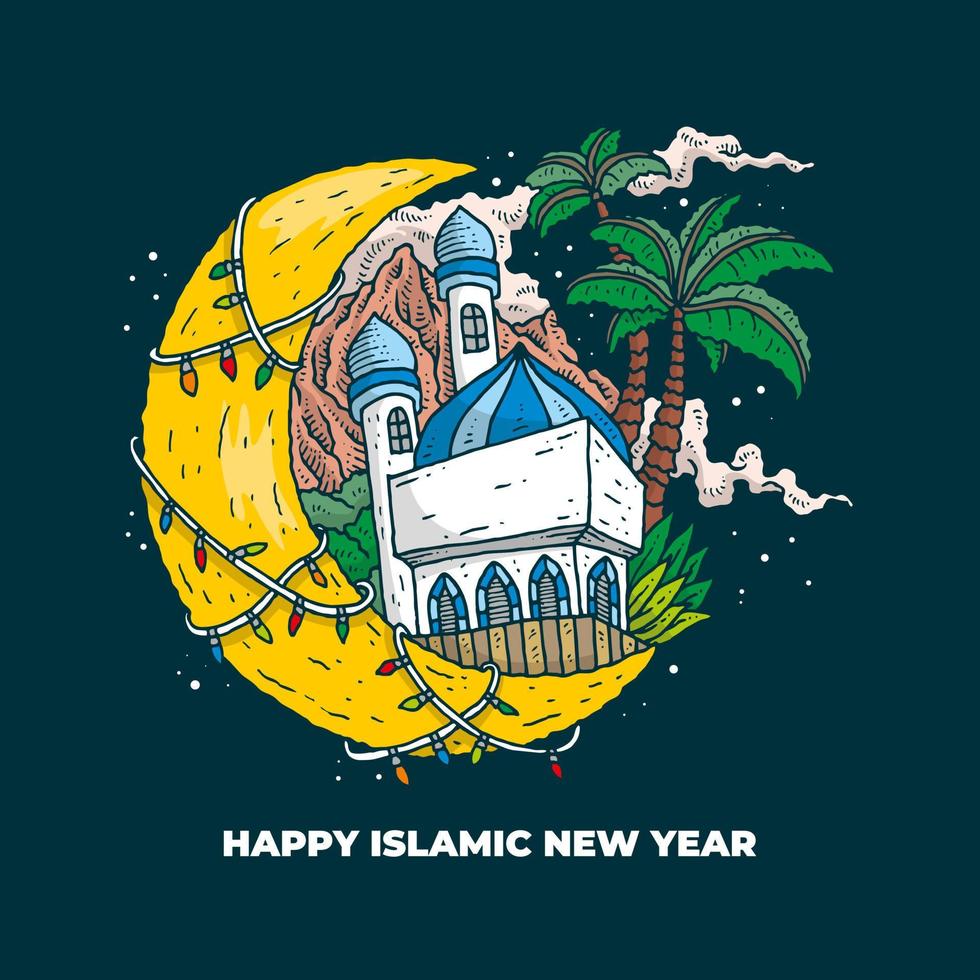 frohe islamische neujahrskarikaturillustration mit moscheenbild vektor