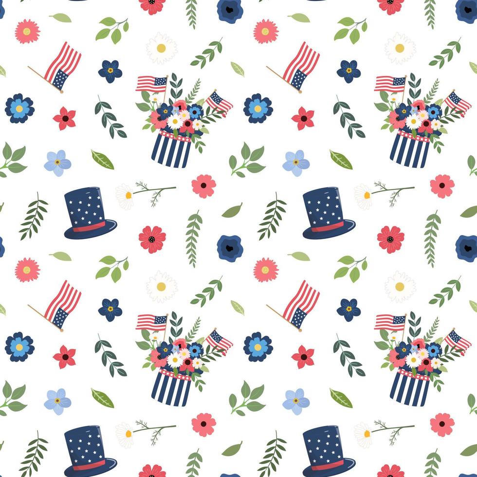 amerikanska självständighetsdagen sömlösa blommönster med hög hatt, flaggor, blommor i nationella färger. isolerad på vit bakgrund. 4th juli patriotisk themed design. vektor