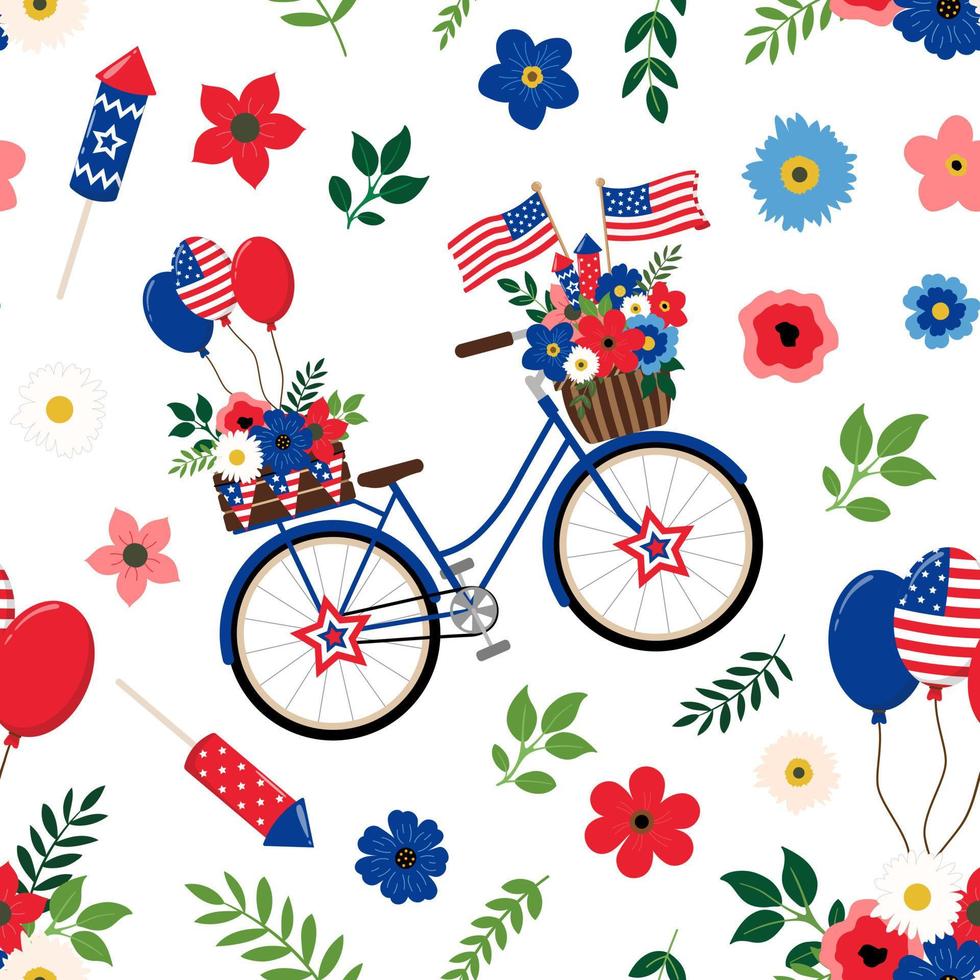 amerikansk patriotisk blommig retro blå cykel med amerikanska flaggor och ballonger sömlösa mönster. isolerad på vit bakgrund. American Independence Day tema design bakgrund. vektor