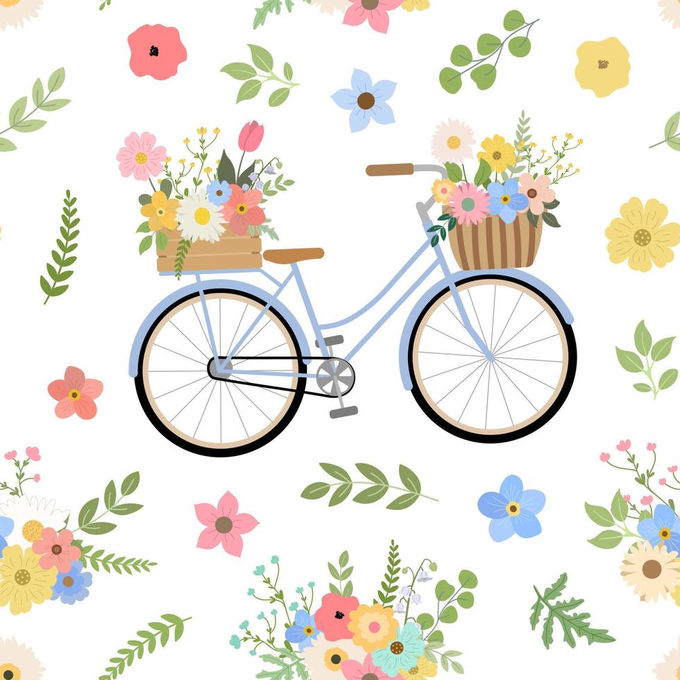 retro frühlingsblaue fahrräder mit korb mit nahtlosem muster der blumensträuße. isoliert auf weißem Hintergrund. romantisches Frühlingsdesign. vektor